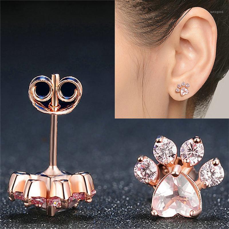 

Stud Shiny Pink Earrings CZ Dog Print Earring Female Piercing Rose Gold Small Animal For Women1