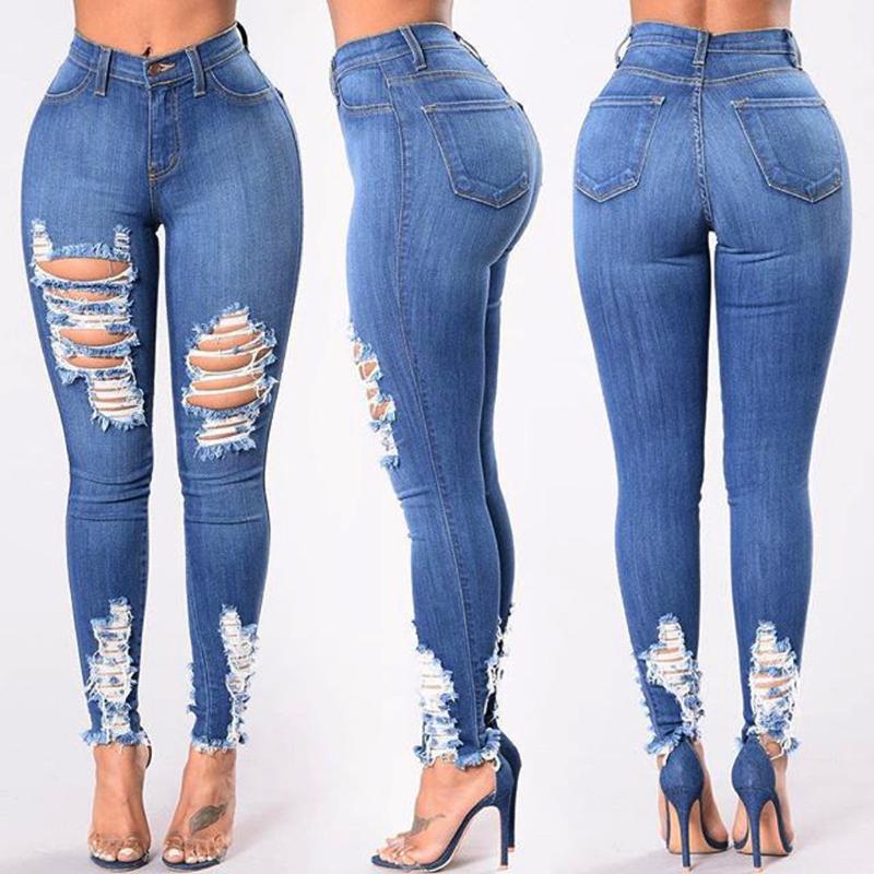 

Women Jeans Fashion Denim Hole Female High Waist Pants Blue Streetwear Stretch Slim Sexy Pencil Pants Pantalones Vaqueros Mujer, Sky blue