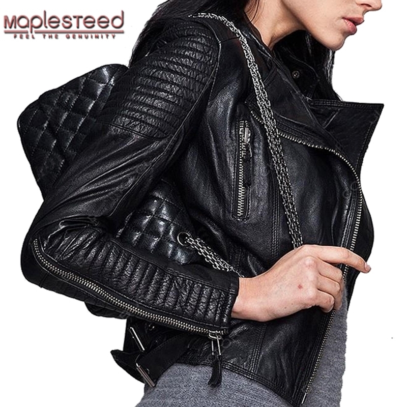 

MAPLESTEED Genuine Leather Jacket Women Leather Jacket Sheepskin Black Soft Slim Fit Punk Bomber Female Leather Coat Autumn M049 210201, 4xl