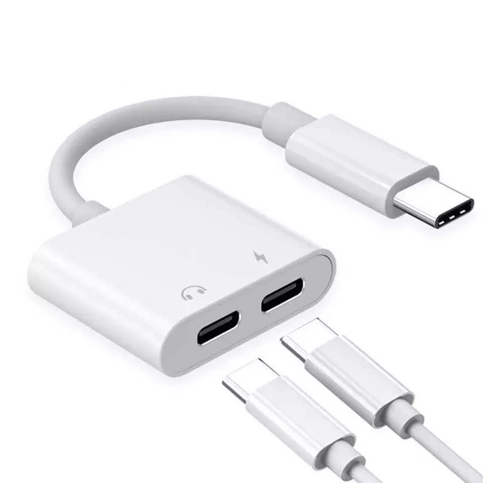 

2 In 1 USB C to C Headphone and Charger Adapter Audio Cable Noise Cancelling for Smart Mobile Cell Phone, White