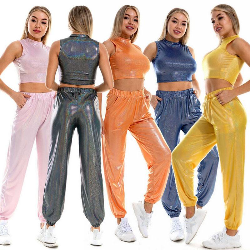 

2PCS/Set Womens Sexy PVC Leather Tank Tops and Loose Harem Pants Trousers Female Sweatpants Joggers Hip Hop Baggy Streetwear New, Purple