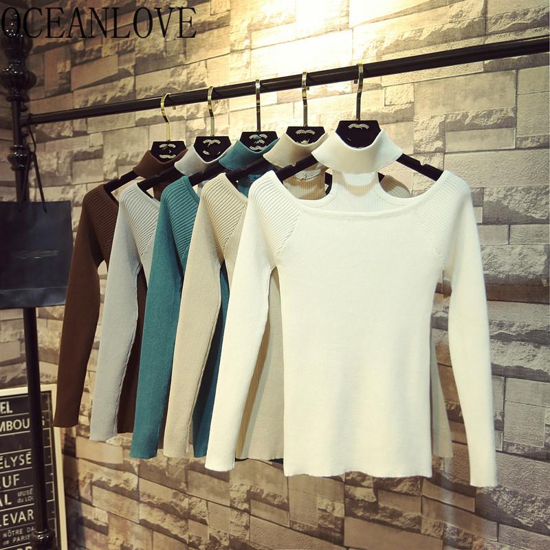

OCEANLOVE Halter Solid Sexy Woman Sweaters Autumn Ins Hot Fashion Korean Slim Mujer Sueteres Off Shoulder Pull Femme New 19391, Black