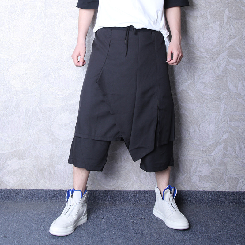 

2021 New -6xl!! of Summer Men Haren Yamamoto Popular Personality Dark Art Style Patchwork Fake Fabric Two Culottes EJM7, Black