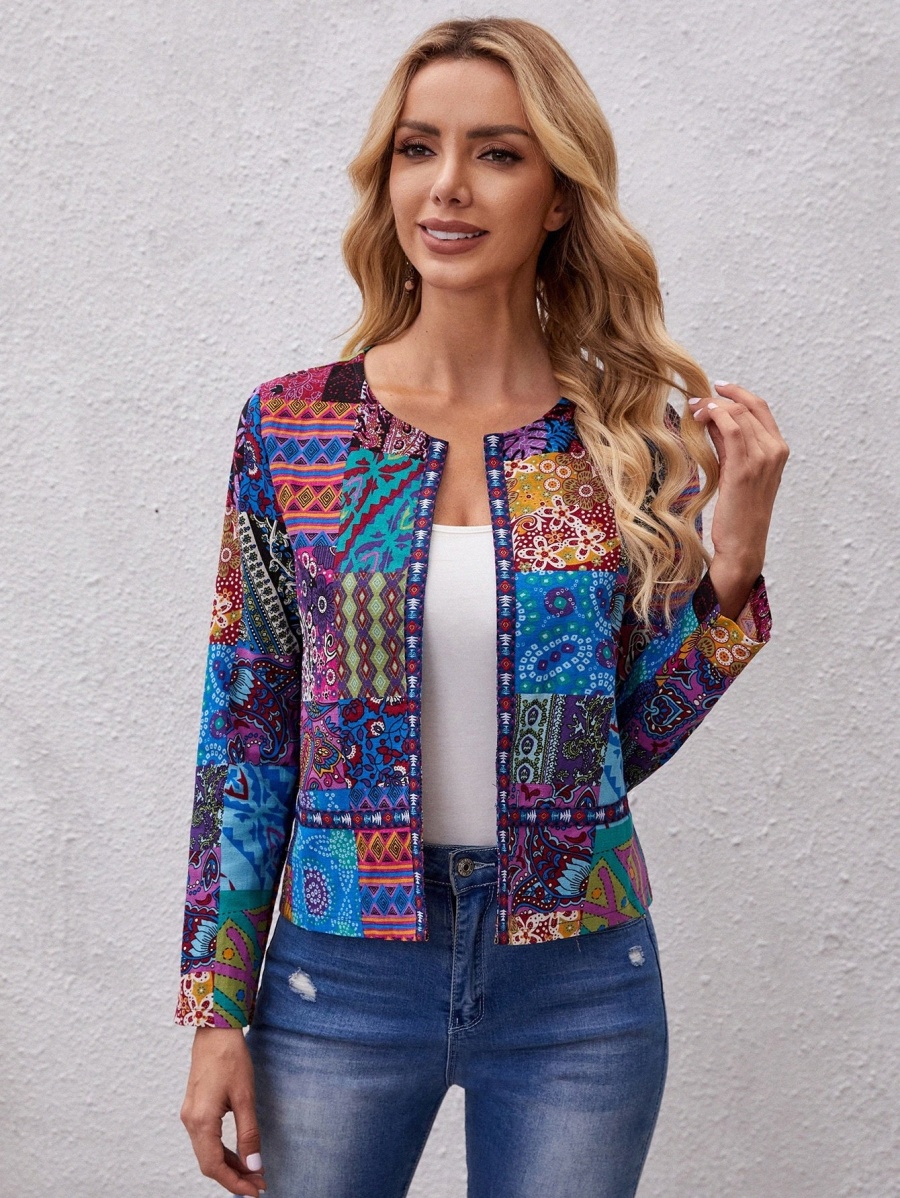 

EMERY ROSE Striped Argyle Print Open Front Jacket Z131#, Multicolor