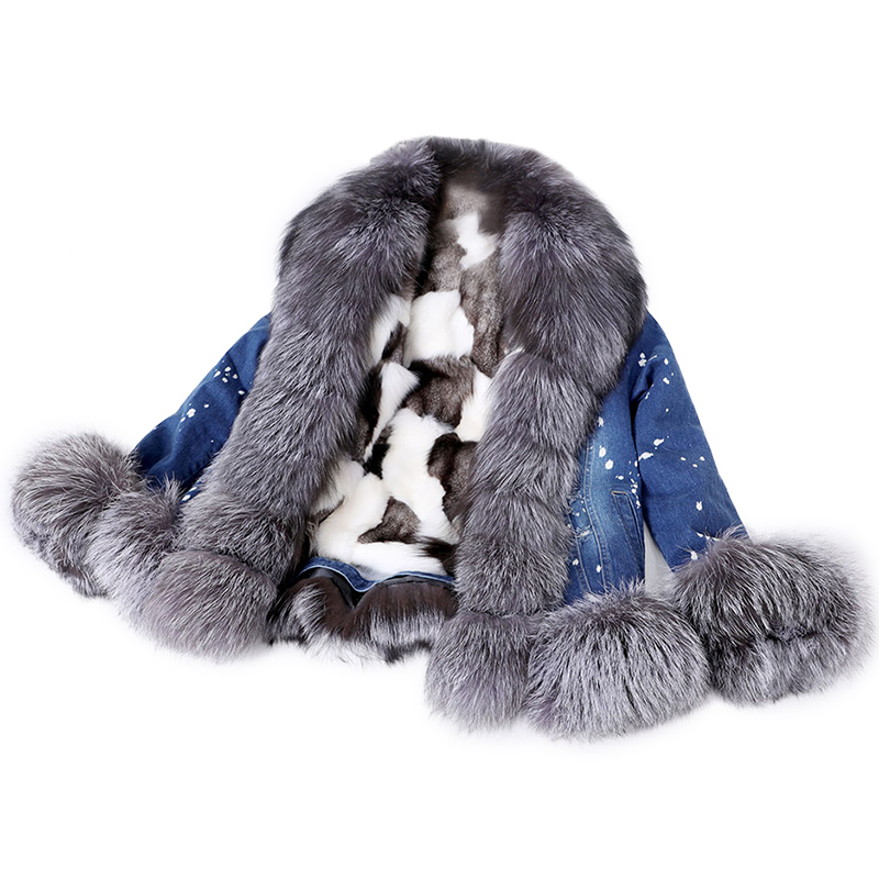 

Genuine ultra short denim fox fur collar fashion plus velvet warm casual jacketdenim jacket women 201016, Beige