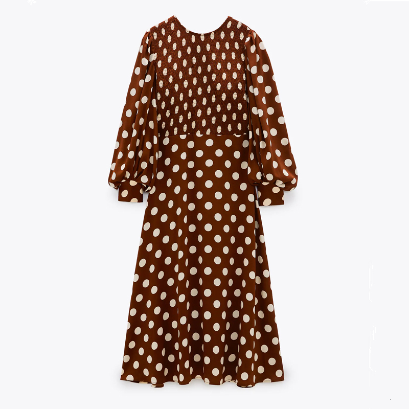 

2021 New Autumn Red Polka Dot Print Midi Women Vintage Long Sleeve Elastic Ruched Dresses Woman Flared Hem Elegant Dress Npxx