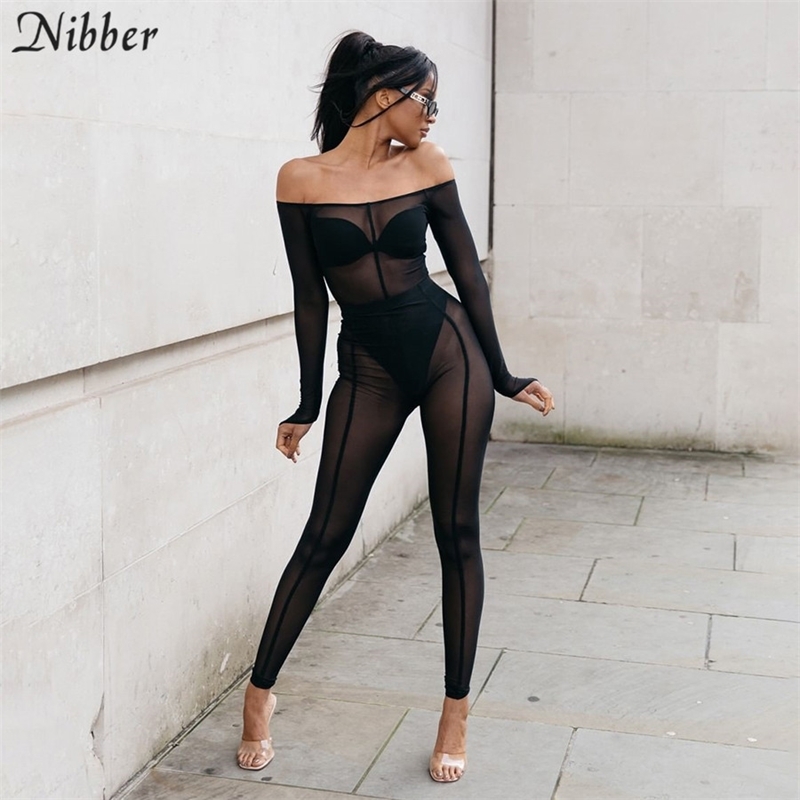 

Nibber body sexy bodysuit see-through mesh long-sleeve two-piece set summer slash neck high waist leggings bar carnival outfit T200603, Black