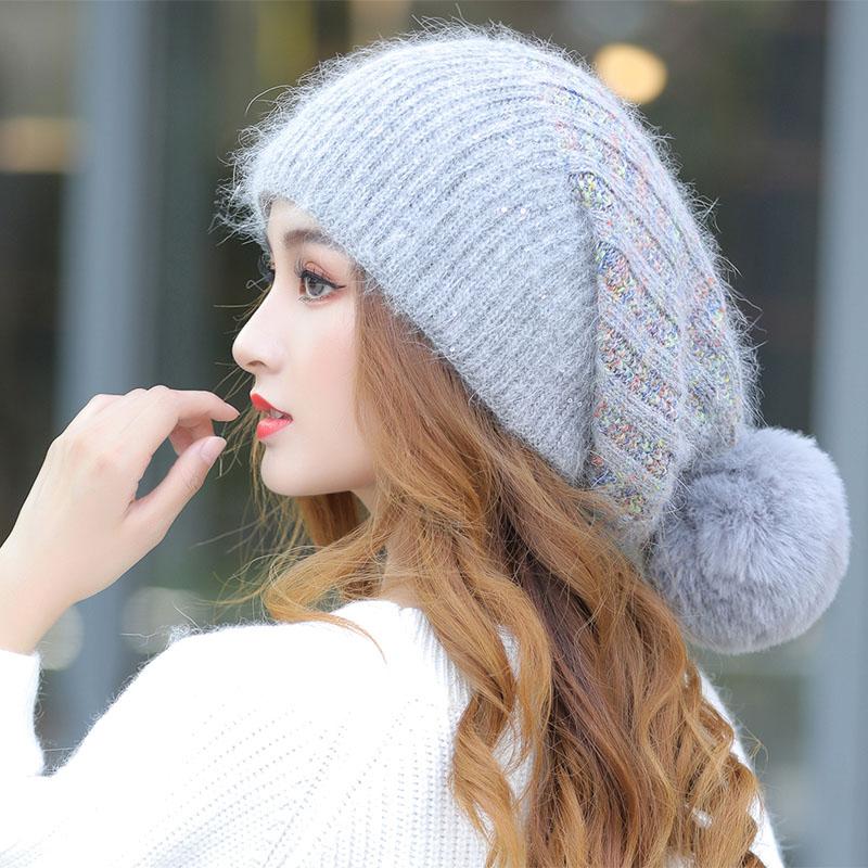 

Autumn WInter Women Knitted Skullies Caps Fluffy Fur Ball Korea Fashion Thick Warm Beanie Hat Windproof Earflap Cap 6 Colors, Khaki
