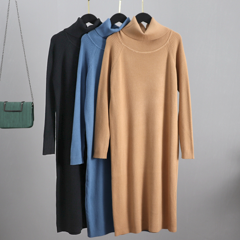 

2021 New Casual Loose Long Knit Women Midi Autumn Winter Turtleneck Sweater Dresses Thick Warm Christmas Party Dress Cdem, Khaqi