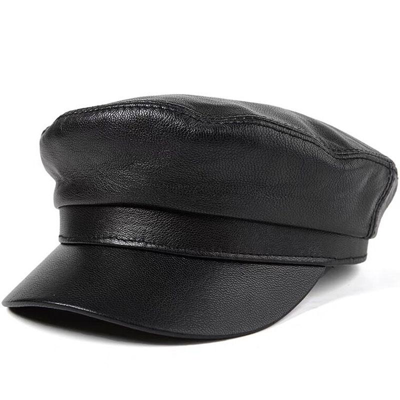 

Spring Genuine Deer Leather Rider Style Newsboy Real Leather Fashion Army Cap Box Hat Cadet Visor Women Men's Baseball Hats, Black