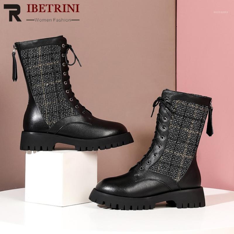 

RIBETRINI Genuine Leather Women Plaid Shoes Women Round Toe Winter Ankle Boots Checkered Height Increasing Boots1, Beige