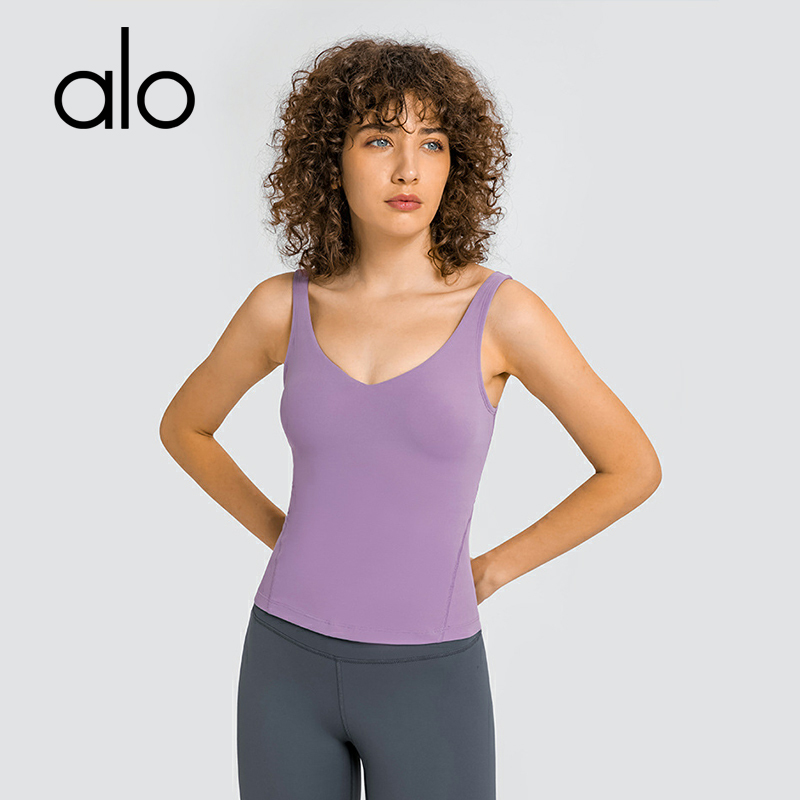 

Alo sports Top Yoga Outfits New Sexy V-neck Beauty Back Vest Women With Chest Pad Stretch Slim Long Yoga Wear, Purple