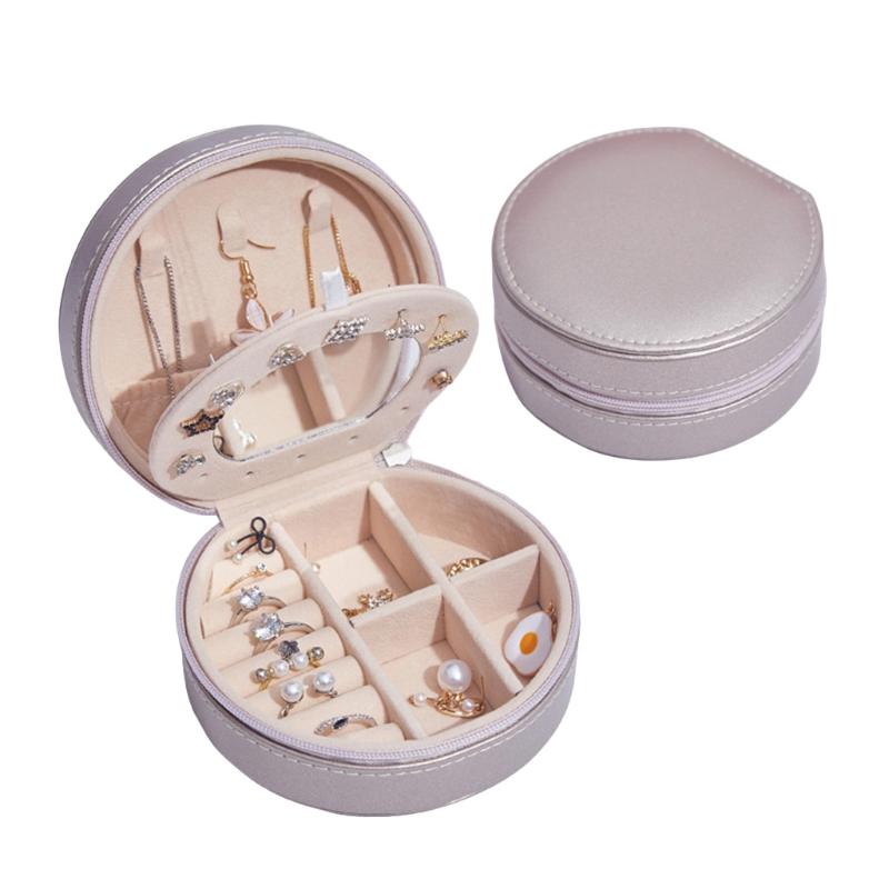 

Protable Travel Leather Mini Round Bracelet Box Earrings Necklace Organizer Case