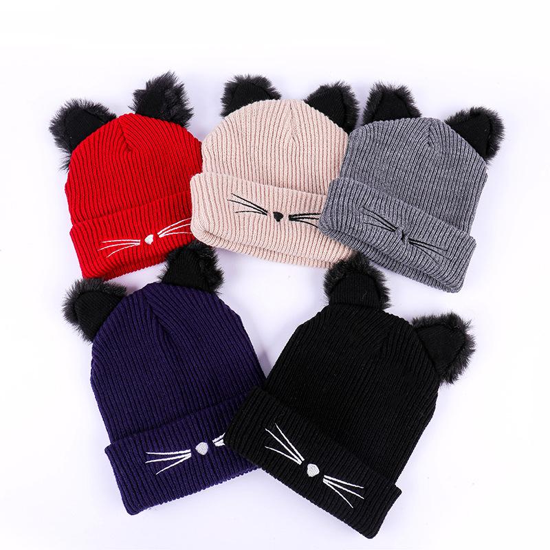 

Cat Ears Women Hat Knitted Warm Crochet Winter Wool Knit Ski Beanie Skull Slouchy Caps Hat Cute Fashion Outdoor Snowing Cap, Type 2 black
