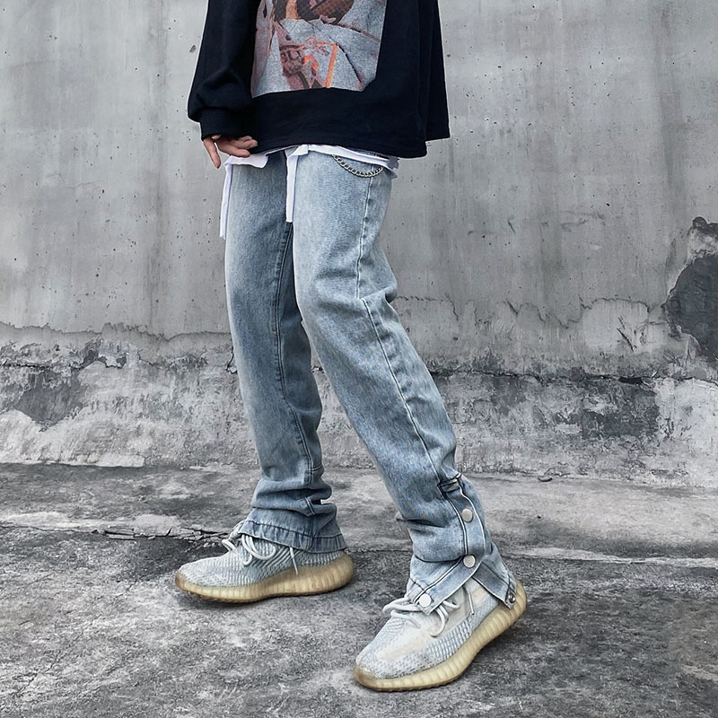 

2021 New Ankle Buttons Solid Color Washed Jeans for Men High Street Straight Frayed Retro Pencil Pants Harajuku Loose Denim Trousers 5nk7, Blue