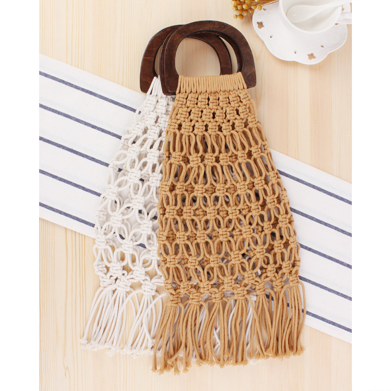 

Realer Women Handbags Woven Bags Top-handle Female Beach Bags for Summer Travel/shopping Bags with Wooden 2020 Bohemia Tassel, White