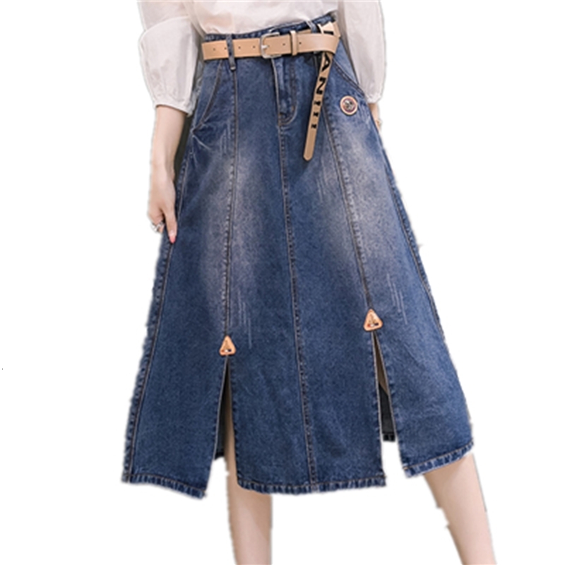 

2021 New Spring Summer Denim Skirt Women High Waist Split Ends Casual Vintage Jeans Long A-line Skirts 0kmm, Beige
