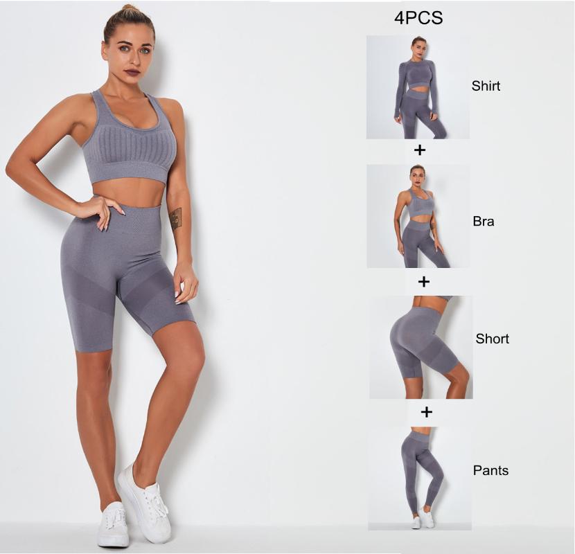 

4PCS Women Seamless Yoga Set Fitness Sports Suits GYM Clothing Yoga T-Shirts+High Waist Leggings+Bra+shorts Workout Pants, 4pcs medium grey