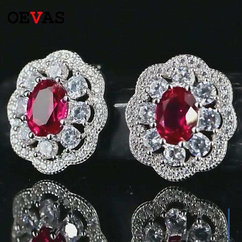

Stud OEVAS 100% 925 Sterling Silver 6*8mm Ruby High Carbon Diamond Flower Earrings For Women Wedding Party Fine Jewelry Gifts
