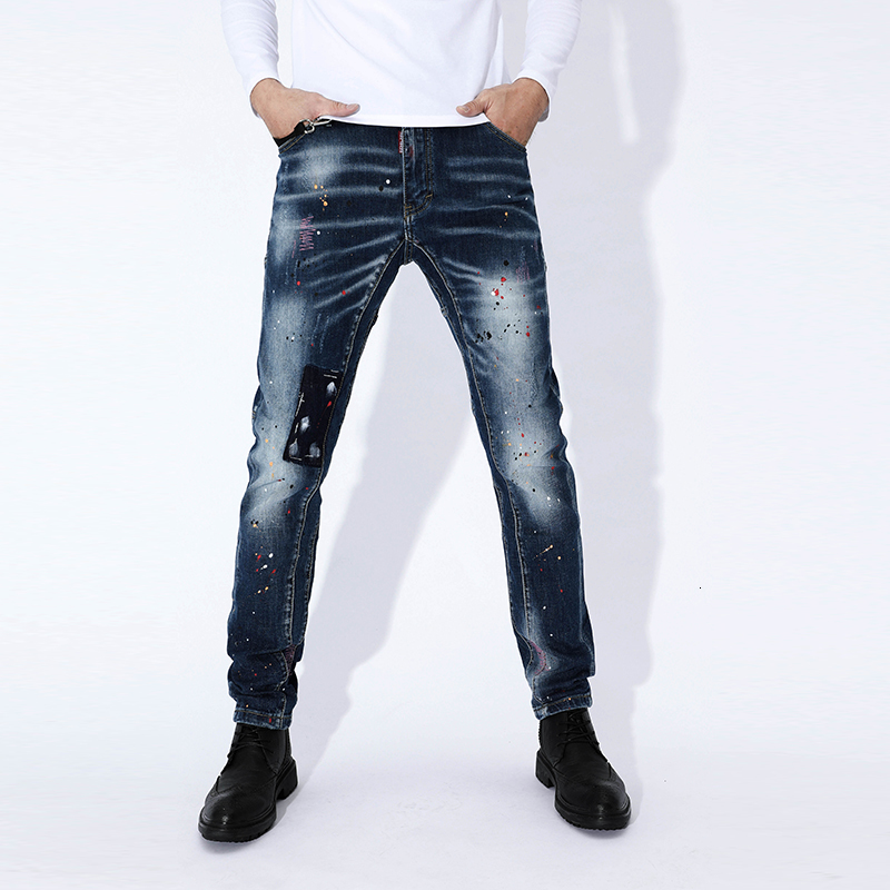 

2021 New Men's Jeans for Men Painted Thin Stretched Hip Pants Hip-hop Embroidered Blue Spring MW7Z