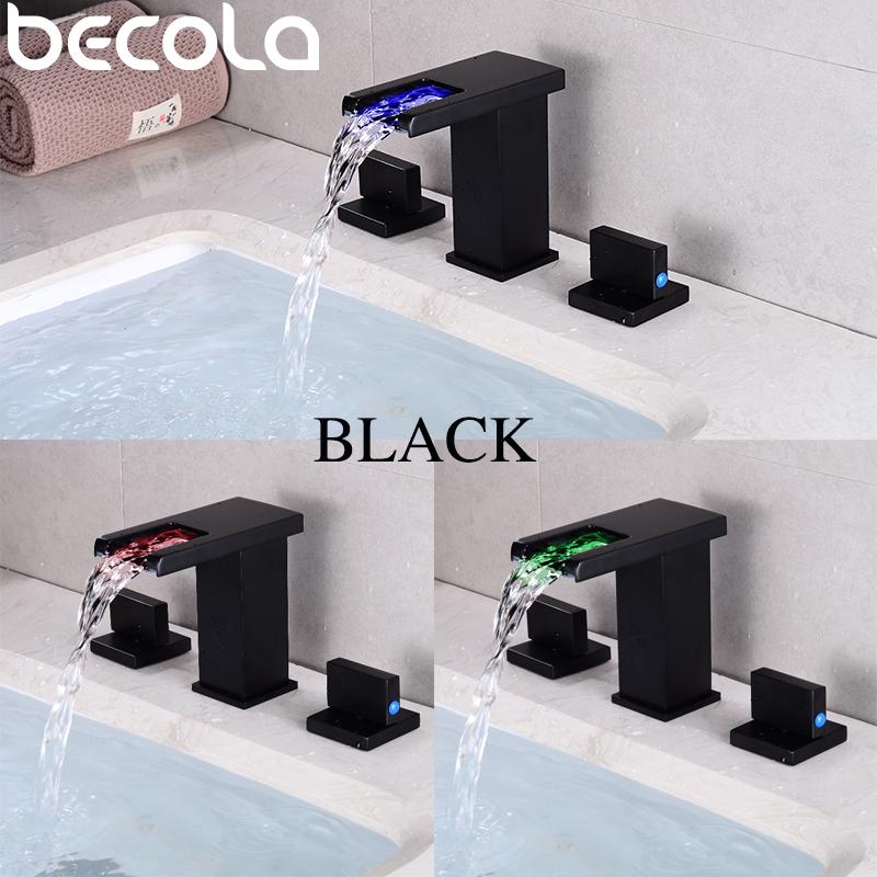 

LED Bathroom basin faucet deck mounted double handle faucet Black Basin Mixer Hot Cold shower room sink 3 hole Mixer Taps