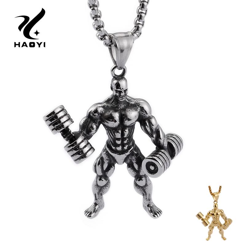 

Stainless Steel Muscular Man Metal Pendant Necklace With Box Chain Personality Fashion Male Jewelry