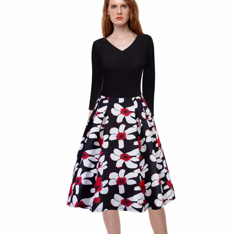 

Women' Retro V Neck Contrast Print 3/4 Sleeve Pocket A Line Dress Autumn Winter Casual Work Business Dresses, Pink