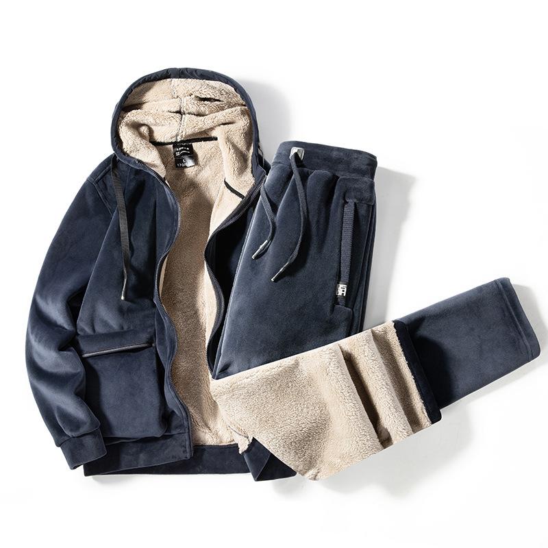 

plus size winter men sportswear tracksuit thick fleece warm hoodie jacket+pant running jogger gym workout casual set sport suit, Black