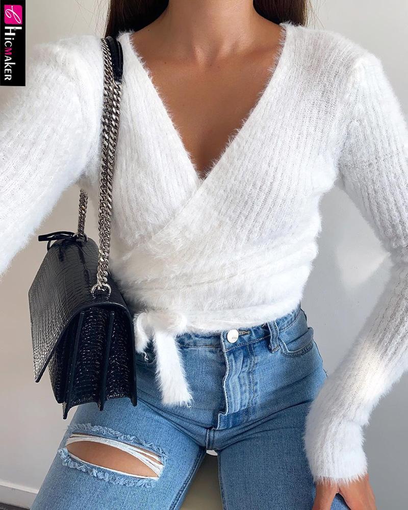 

Women Fluffy Wrap Plain Long Sleeve Sweater, Black