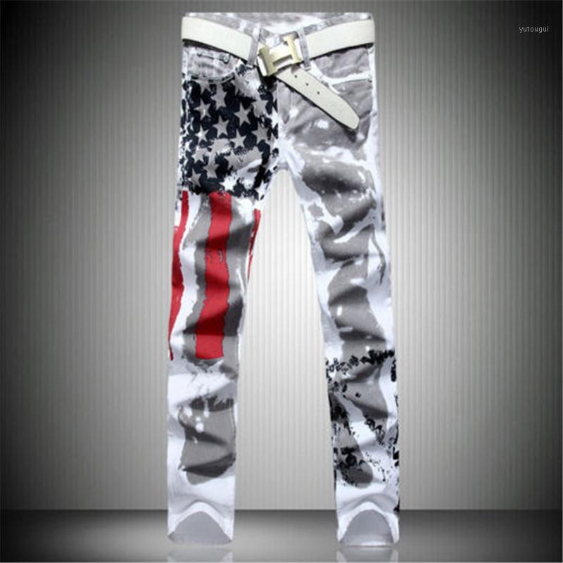 

Wholesale- 2017 New Arrival Men Casual American USA Flag Printed Jeans Pants Mens Graffiti Print white hip-hop fashion Jeans1, As the picture shows