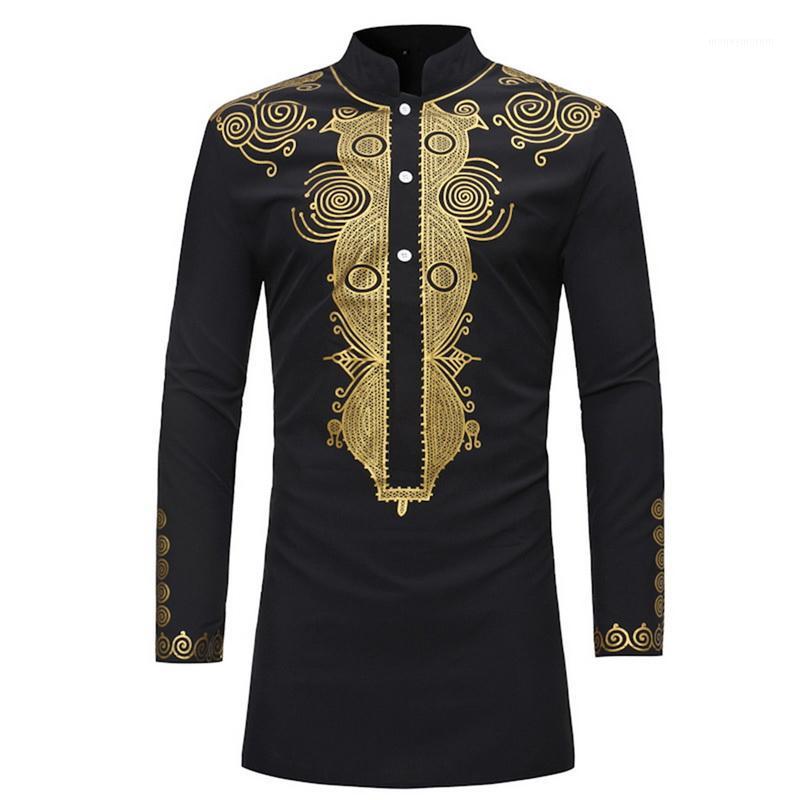 

Laamei Adult Men African Black Golden Printed Long Sleeves Button Shirt Stand Up Collar Tribal Folk Tunic Top For Men Plus Size1, White