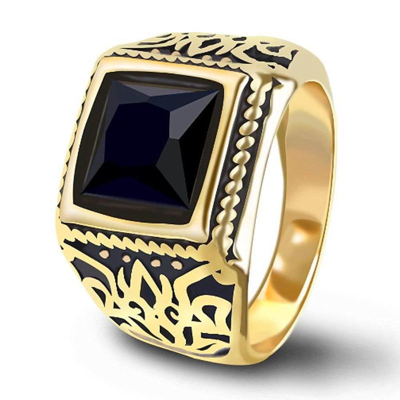 

Square black agate gemstones vintage carving rings for men 18k gold color stainless steel masculine jewelry bague turkey