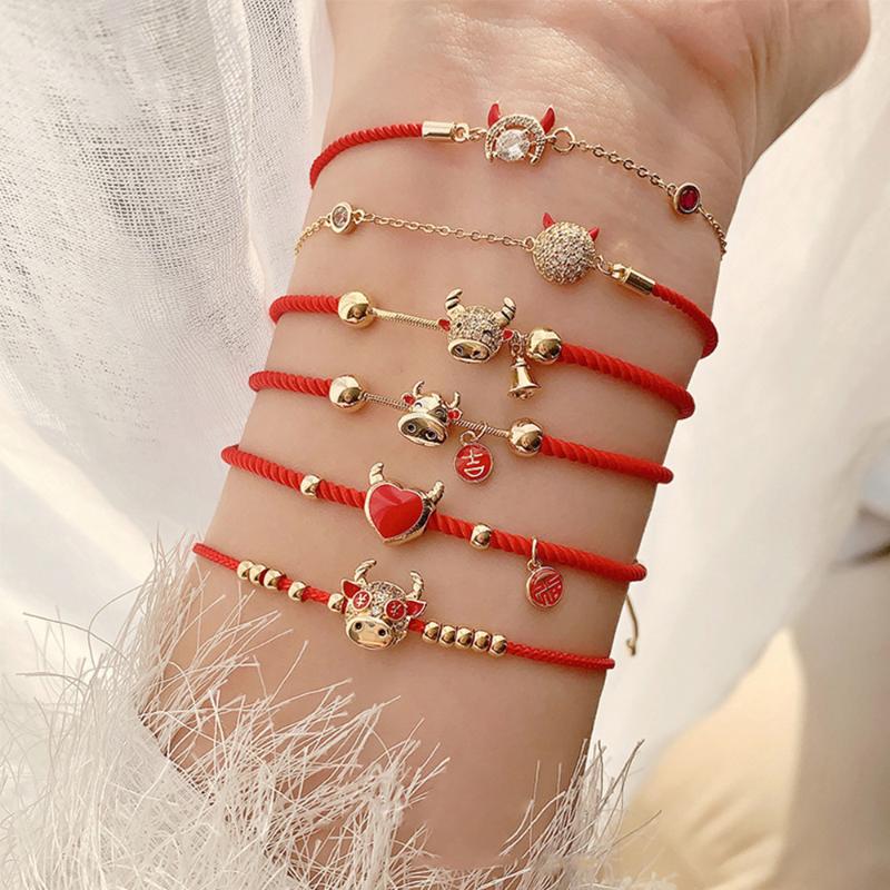 

Charm Bracelets Year Of The Ox Zodiac Red Hand Rope Cow Bracelet Braided Transfer Lucky For Women Girl Lovers Jewelry Gifts