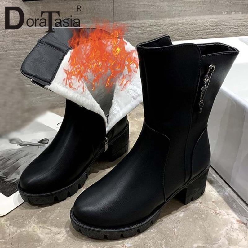 

DORATASIA New Fashion Ladies Thick High Heels Ankle Boots Winter Warm Fur Boots Women Party Platform Zip Plush Shoes Woman1, Black