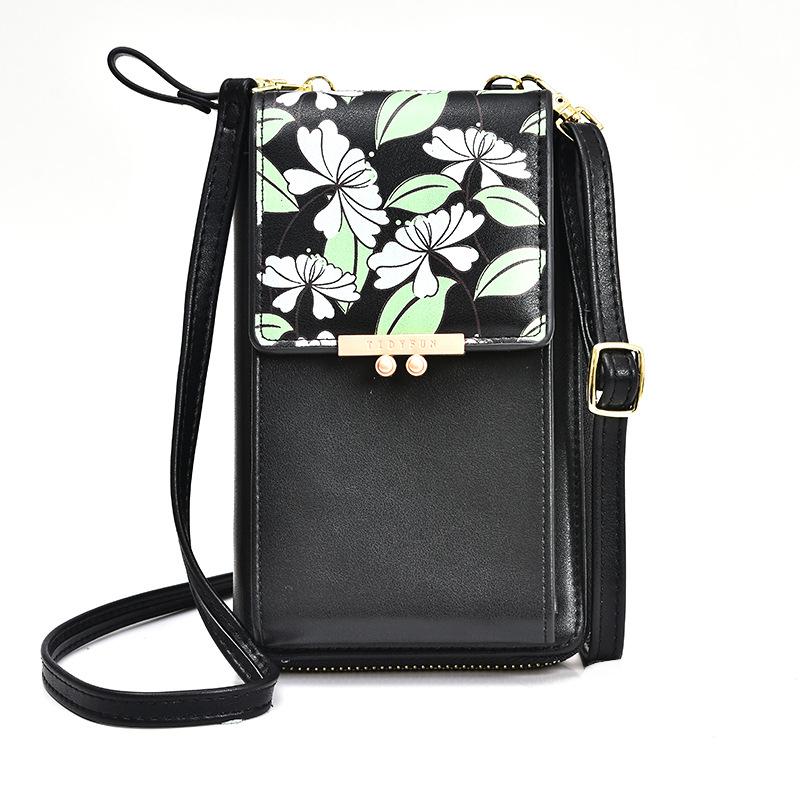 

New Flower Print PU Handbags For Women Fashion Long Zipper Phone Purse Female Shoulder Strap Bag Ladies Crossbody Messenger Bags, Khaki
