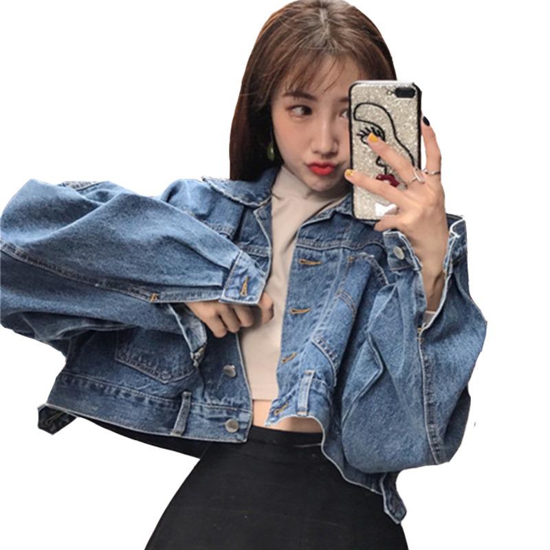 

Women Denim Jackets Coats 2020 New Fashion Loose Batwing Sleeve Coats Short Big Pockets Cropped Denim Jacket Girl outwear J976, Dark blue