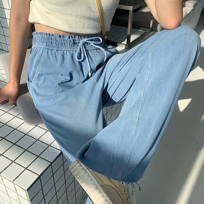 

2021 New Korean Summer denim casual thin legged pants Female jeans High-waist elastic waistline drape AO71, Navy