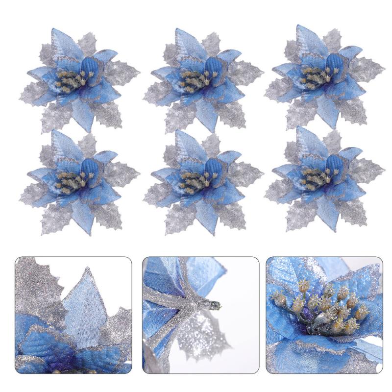 

12 Pcs Artificial Flowers Decorations Christmas Tree Glitter Adornments (Blue