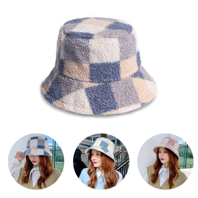 

Unisex Winter Warm Fuzzy Plush Bucket Hat Color Block Plaid Print Fisherman Cap XX9D, Gray