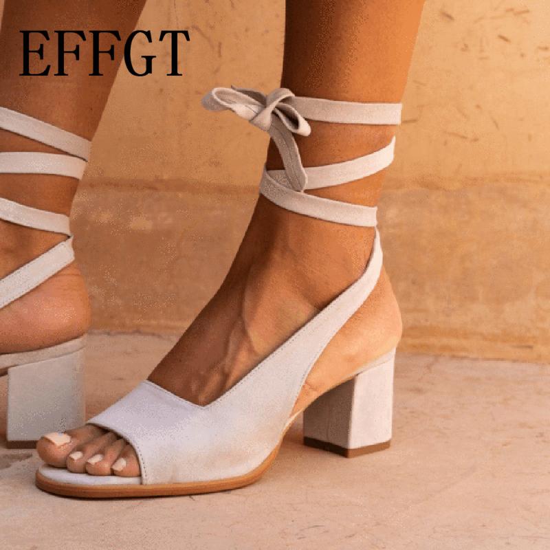 

EFFGT Hot Women Sandals High-heel Shoes 2021 Summer sandals Fashion Sexy Lace-up Fish Mouth Roman Plus Size 35-43 K289, Beige