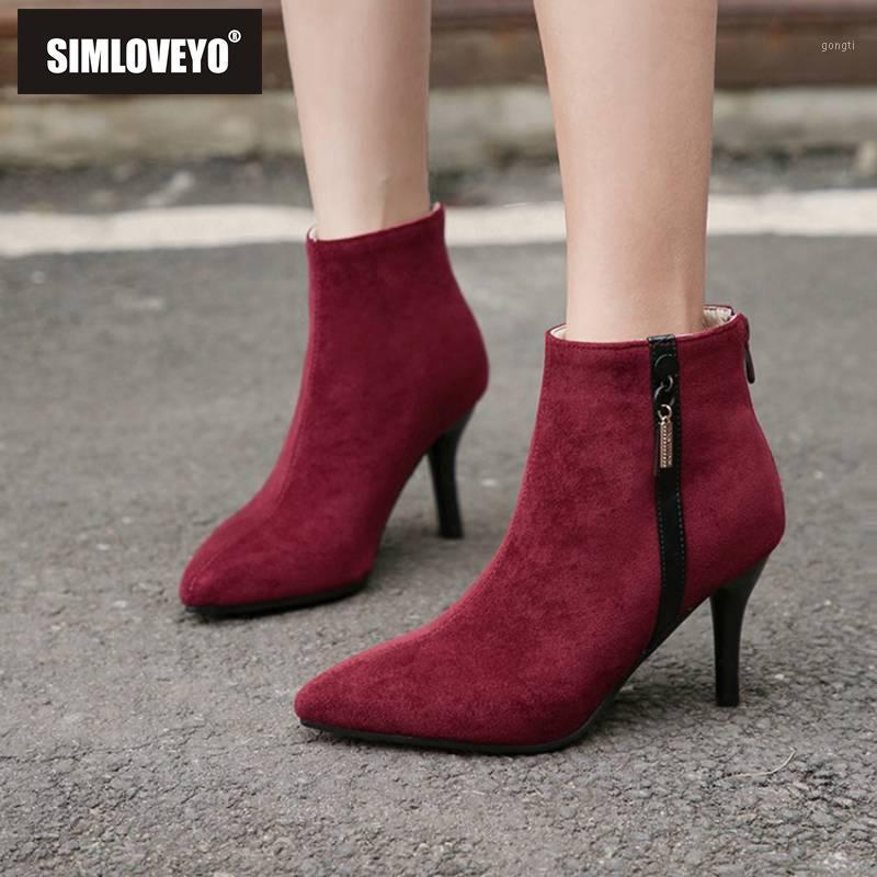 

SIMLOVEYO Ankle boots for women Pointed toe Faux suede leather Back zipper Black Wine red Thin high heel ladies footwear Metal1