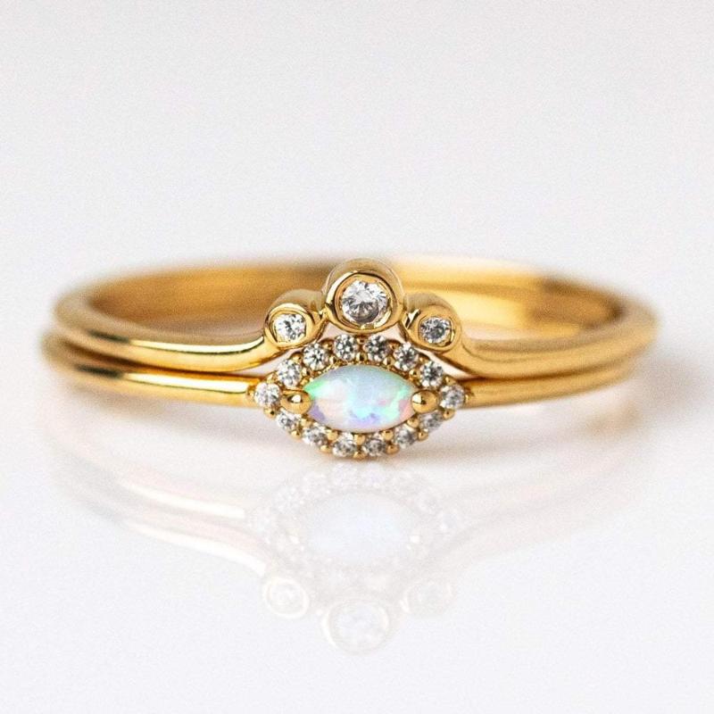 

2 pcs delicate dainty women small cute ring set Gold filled cz opal stone tiny evil eye engagement rings