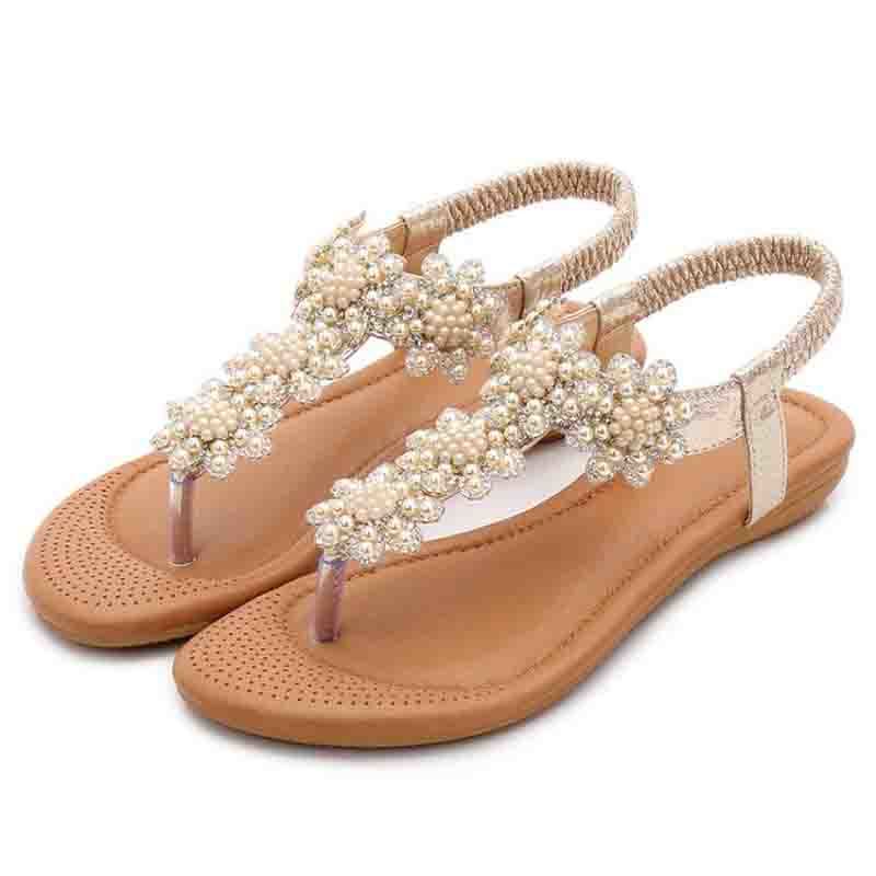 

Will Bohemian See Diamond National Pearl String Flat Sandals Pinched Fishbone Women's Fashionable Shoes Ikx8, Gold