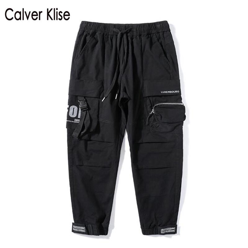 

Calver Klise High Street Cargo Pants Mens Ribbon Multi-Pocket Harem Trousers Hip Hop Streetwear Jogger Sweatpants Casual Pant, Black
