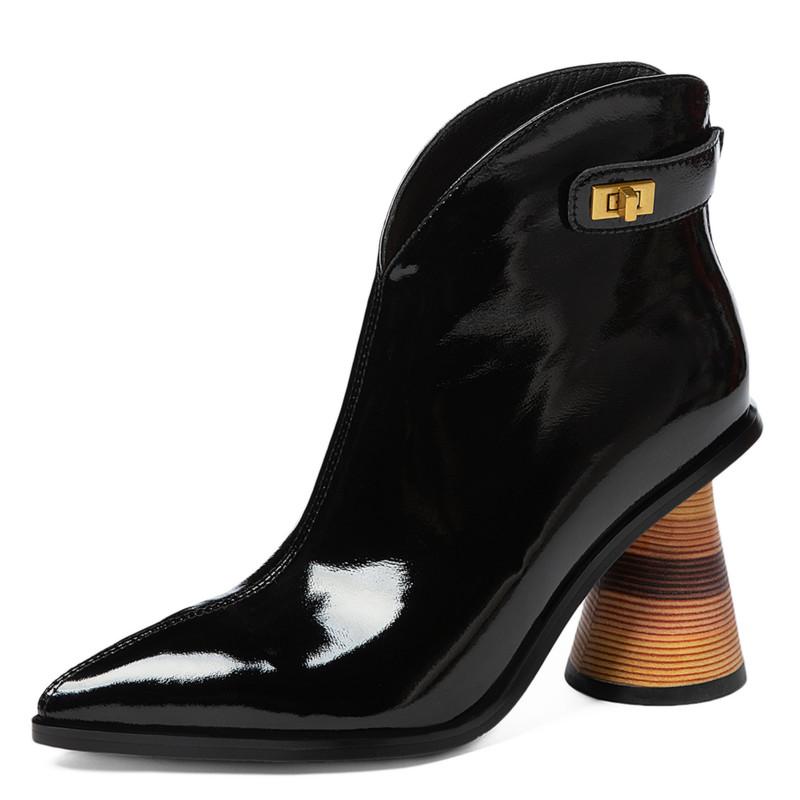 

2020 Genuine Leather Boots Thick High Heels Pointed Toe Ankle Boots Metal Lock Autumn Winter Fashion Strange Heel Botas, Black