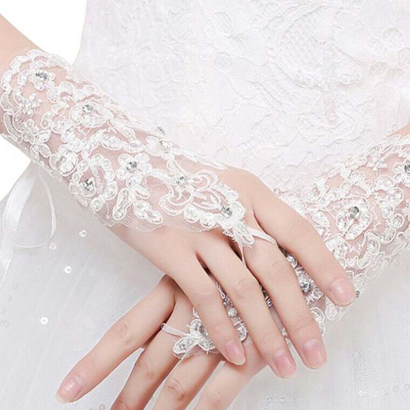 

Lace Bridal Gloves Fingerless Ribbon Beads Short Wedding Gloves Rhinestone Party Opera Dance Accessories
