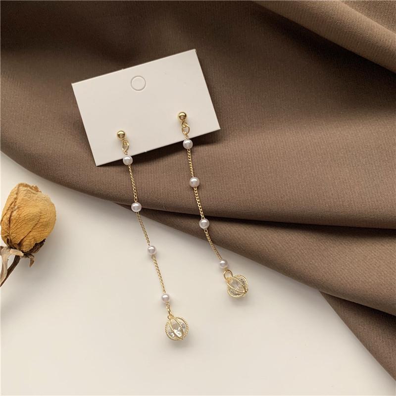 

Long Tassel Pearl Dangle Earrings Fashion Jewelry Temperament Simple Rhinestone Crystal Set Hollow Ball Drop Earrings For Women