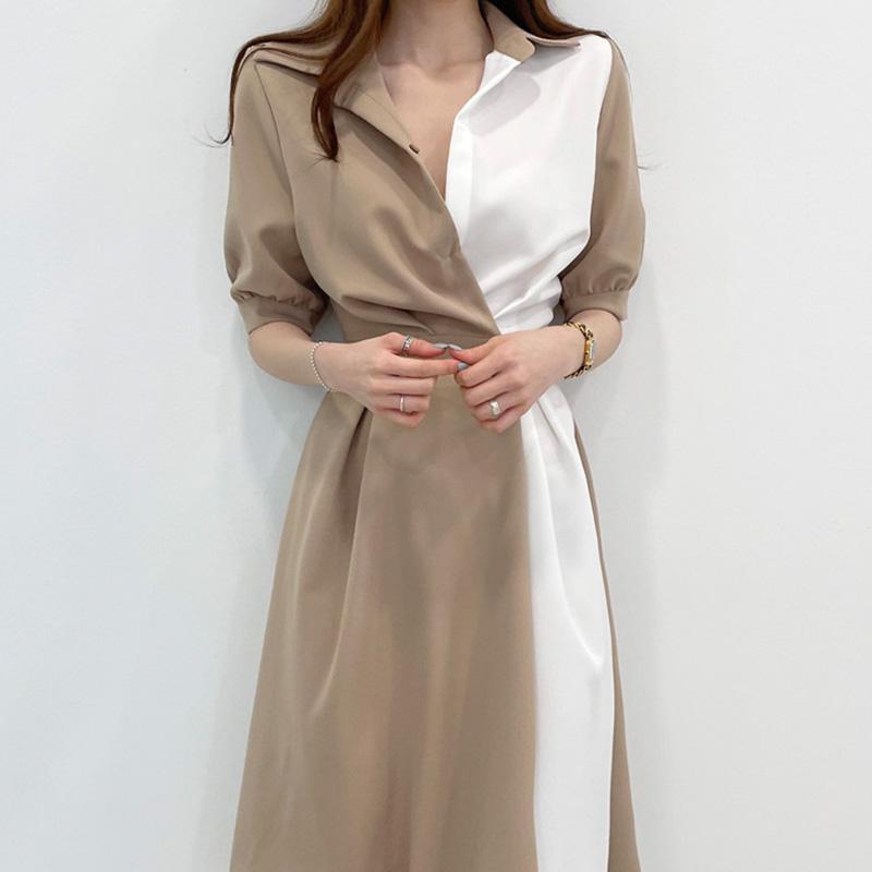 

Casual Dresses Korean Chic Short Sleeve Lapel Contrast Dress Women Patchwork Single Button Waist Retro All-match Fashion Vestido OL, Black;gray