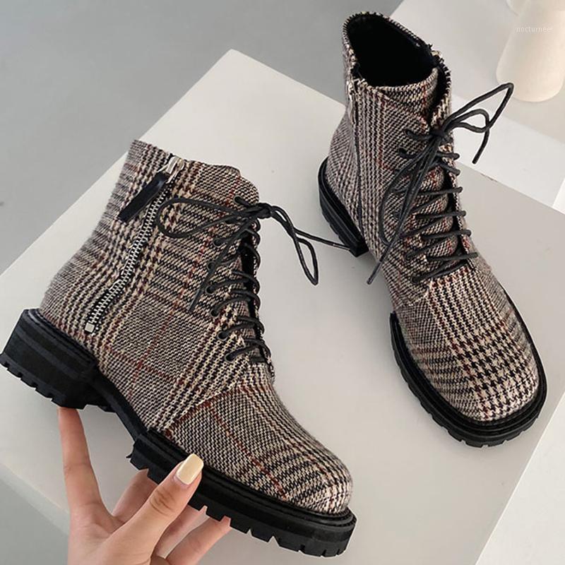 

2020 Winter Designer Women Square Toe Tie Up Ankle Boots Medium Heels Short Boots Plaid Zippers Ladies Party Shoes1, Black