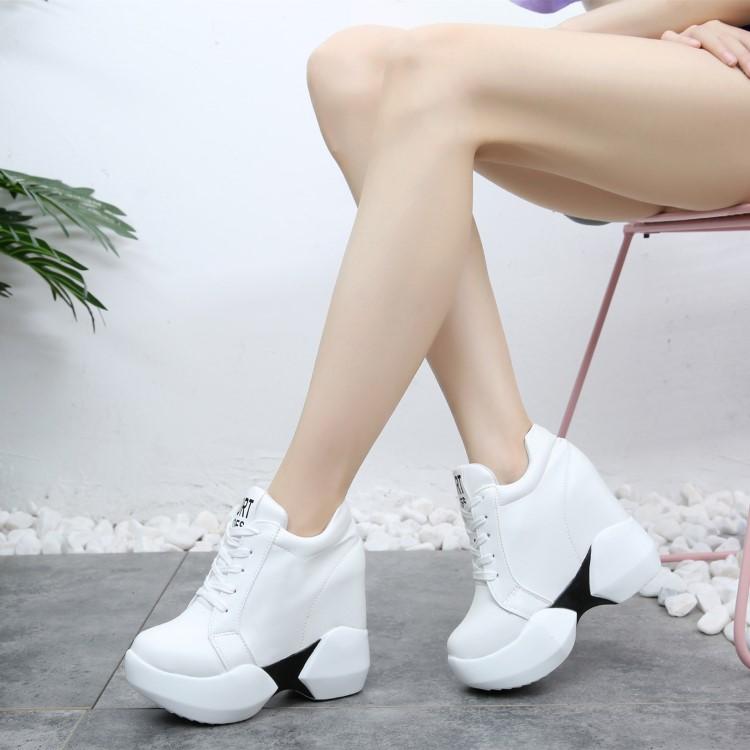 

2021 Women Sneakers Casual Platform Trainers White Shoes 11CM Heels Autumn Wedges Breathable Woman Height Increasing Shoes, Black